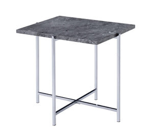 Benzara Contemporary Marble Top End Table with Trestle Base , Gray and Silver BM204501 Gray and Silver Metal, Faux Marble and Veneer BM204501