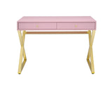 Benzara Wooden Rectangular Desk with Storage and X Shaped legs, Pink and Gold BM204589 Pink and Gold Metal, Wood and Veneer BM204589