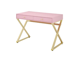 Benzara Wooden Rectangular Desk with Storage and X Shaped legs, Pink and Gold BM204589 Pink and Gold Metal, Wood and Veneer BM204589