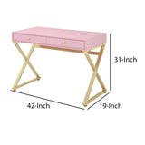 Benzara Wooden Rectangular Desk with Storage and X Shaped legs, Pink and Gold BM204589 Pink and Gold Metal, Wood and Veneer BM204589