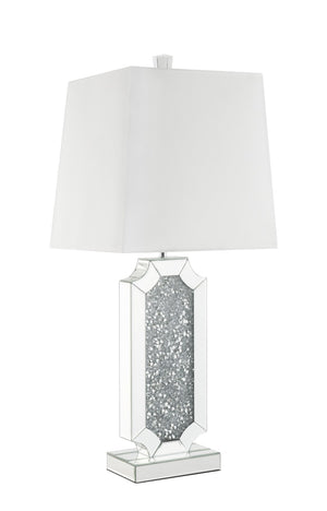 Benzara Mirrorred Base Wooden Table Lamp with Square Shade, White and Silver BM204602 White and Silver Mirror, Glass, Metal and Wood BM204602