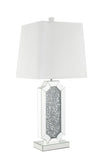 Mirrorred Base Wooden Table Lamp with Square Shade, White and Silver