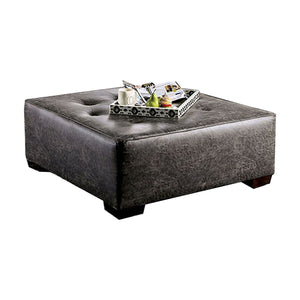 Benzara Button Tufted Leatherette Wooden Ottoman with Block Legs, Gray BM204646 Gray Wood and Faux Leather BM204646