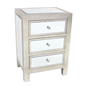 Benzara Contemporary Style Wooden End Table with Three Drawers, Silver BM204712 Silver Wood and Mirror BM204712