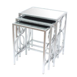 Benzara Three Piece Metal Nesting Tables with Circular Stacked Design, Silver BM204718 Silver Metal and Mirror BM204718