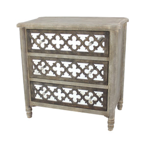 Benzara Quatrefoil Wooden Storage Cabinet with 3 Drawers, Brown and Silver BM204750 Brown and Silver Wood and Mirror BM204750