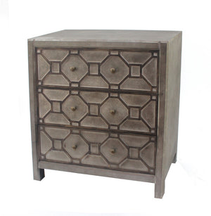 Benzara Geometric Wooden Storage Cabinet with 3 Drawers, Distressed Gray BM204751 Gray Wood and Metal BM204751