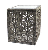 Benzara Mirror Top Wooden End Table with Floral Cut Out, Black and White BM204753 Black and White Wood and Mirror BM204753