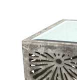 Benzara Mirror Top Wooden End Table with Floral Cut Out, Gray and Silver BM204754 Gray and Silver Wood and Mirror BM204754