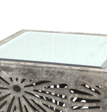 Benzara Mirror Top Wooden End Table with Floral Cut Out, Gray and Silver BM204754 Gray and Silver Wood and Mirror BM204754