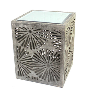 Benzara Mirror Top Wooden End Table with Floral Cut Out, Gray and Silver BM204754 Gray and Silver Wood and Mirror BM204754