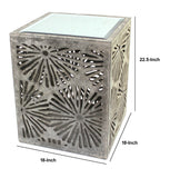 Benzara Mirror Top Wooden End Table with Floral Cut Out, Gray and Silver BM204754 Gray and Silver Wood and Mirror BM204754