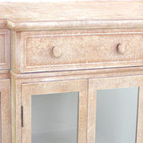 Benzara 4 Door Wood and Glass Storage Cabinet with 3 Drawers, Beige and Clear BM204769 Beige and Clear Wood and Glass BM204769