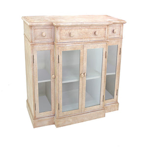 Benzara 4 Door Wood and Glass Storage Cabinet with 3 Drawers, Beige and Clear BM204769 Beige and Clear Wood and Glass BM204769