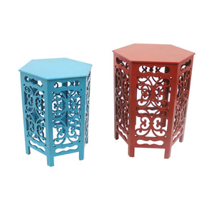 Benzara 2 Piece Hexagonal Wooden Side Table with Cut Out Details, Red and Blue BM204779 Red and Blue Wood BM204779