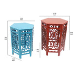 Benzara 2 Piece Hexagonal Wooden Side Table with Cut Out Details, Red and Blue BM204779 Red and Blue Wood BM204779