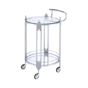 Benzara Metal and Mirror Round Serving Cart with Open Shelf, Silver BM204864 Silver Wood and Glass BM204864