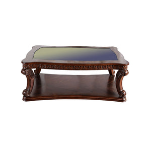 Benzara Traditional Coffee Table with Cabriole Legs and Wooden Carving, Brown BM205329 Brown Wood and Glass BM205329