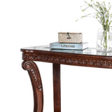 Benzara Traditional Sofa Table with Cabriole Legs and Wooden Carving, Brown BM205337 Brown Wood and Glass BM205337