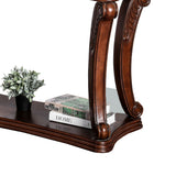 Benzara Traditional Sofa Table with Cabriole Legs and Wooden Carving, Brown BM205337 Brown Wood and Glass BM205337