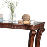 Benzara Traditional Sofa Table with Cabriole Legs and Wooden Carving, Brown BM205337 Brown Wood and Glass BM205337