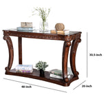 Benzara Traditional Sofa Table with Cabriole Legs and Wooden Carving, Brown BM205337 Brown Wood and Glass BM205337