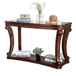 Benzara Traditional Sofa Table with Cabriole Legs and Wooden Carving, Brown BM205337 Brown Wood and Glass BM205337