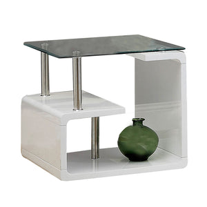 Benzara Contemporary End Table with Multi Level Curled Open Shelf, White BM205341 White Wood, Glass and Metal BM205341