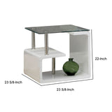 Benzara Contemporary End Table with Multi Level Curled Open Shelf, White BM205341 White Wood, Glass and Metal BM205341