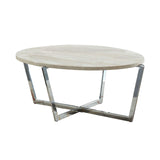 Benzara Wooden Coffee Table with Grain Detail and Crossed Legs, White and Beige BM205357 Silver and Beige Metal and Wood Veneer BM205357