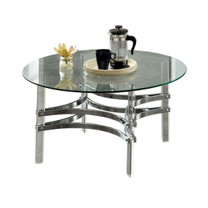 Benzara Coffee Table with Acrylic Legs and Metal Supports, Silver and Clear BM205359 Silver and Clear Glass, Metal and Acrylic BM205359