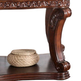 Benzara Traditional End Table with Cabriole Legs and Wooden Carving, Brown BM205360 Brown Wood and Glass BM205360