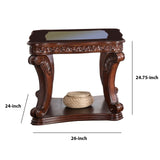 Benzara Traditional End Table with Cabriole Legs and Wooden Carving, Brown BM205360 Brown Wood and Glass BM205360