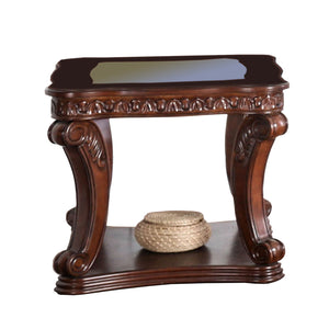 Benzara Traditional End Table with Cabriole Legs and Wooden Carving, Brown BM205360 Brown Wood and Glass BM205360