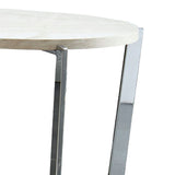 Benzara End Table with Round Wooden Top and Crossed Legs, Beige and Silver BM205368 Silver and Beige Metal and Wood Veneer BM205368