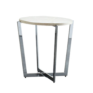 Benzara End Table with Round Wooden Top and Crossed Legs, Beige and Silver BM205368 Silver and Beige Metal and Wood Veneer BM205368