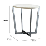 Benzara End Table with Round Wooden Top and Crossed Legs, Beige and Silver BM205368 Silver and Beige Metal and Wood Veneer BM205368