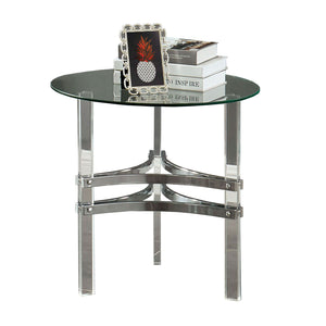 Benzara Round End Table with Acrylic Legs and Metal Supports, Silver and Clear BM205375 Silver and Clear Glass, Metal and Acrylic BM205375