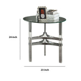 Benzara Round End Table with Acrylic Legs and Metal Supports, Silver and Clear BM205375 Silver and Clear Glass, Metal and Acrylic BM205375