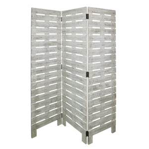 Benzara Textured 3 Panel Foldable Wooden Screen with Slats, Gray BM205385 Gray Wood BM205385