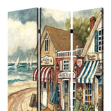 Benzara Foldable 3 Panel Canvas Screen with Seaside Town Print, Multicolor BM205404 Multicolor Fabric, Wood BM205404