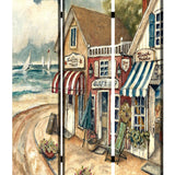 Benzara Foldable 3 Panel Canvas Screen with Seaside Town Print, Multicolor BM205404 Multicolor Fabric, Wood BM205404