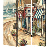 Benzara Foldable 3 Panel Canvas Screen with Seaside Town Print, Multicolor BM205404 Multicolor Fabric, Wood BM205404