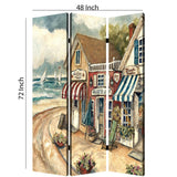 Benzara Foldable 3 Panel Canvas Screen with Seaside Town Print, Multicolor BM205404 Multicolor Fabric, Wood BM205404