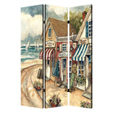 Foldable 3 Panel Canvas Screen with Seaside Town Print, Multicolor