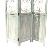 Benzara Wooden 3 Panel Foldable Screen with Metal Scrollwork Details, Blue BM205408 Blue Wood, Metal BM205408