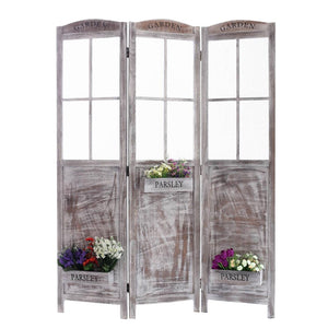 Benzara 3 Panel Foldable Wooden Screen with Garden Design, Brown BM205413 Brown Wood BM205413