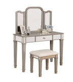 Benzara Wooden Vanity Set with 1 Drawer and Tri Fold Mirror, Gray and Silver BM205427 Gray and Silver Wood, Mirror and Leatherette BM205427