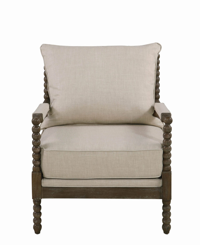 Benzara Cushioned Back Fabric Upholstered Spindle Accent Chair, Beige and Brown BM205459 Beige and Brown Wood and Fabric BM205459