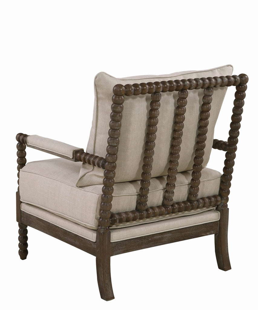 Benzara Cushioned Back Fabric Upholstered Spindle Accent Chair, Beige and Brown BM205459 Beige and Brown Wood and Fabric BM205459